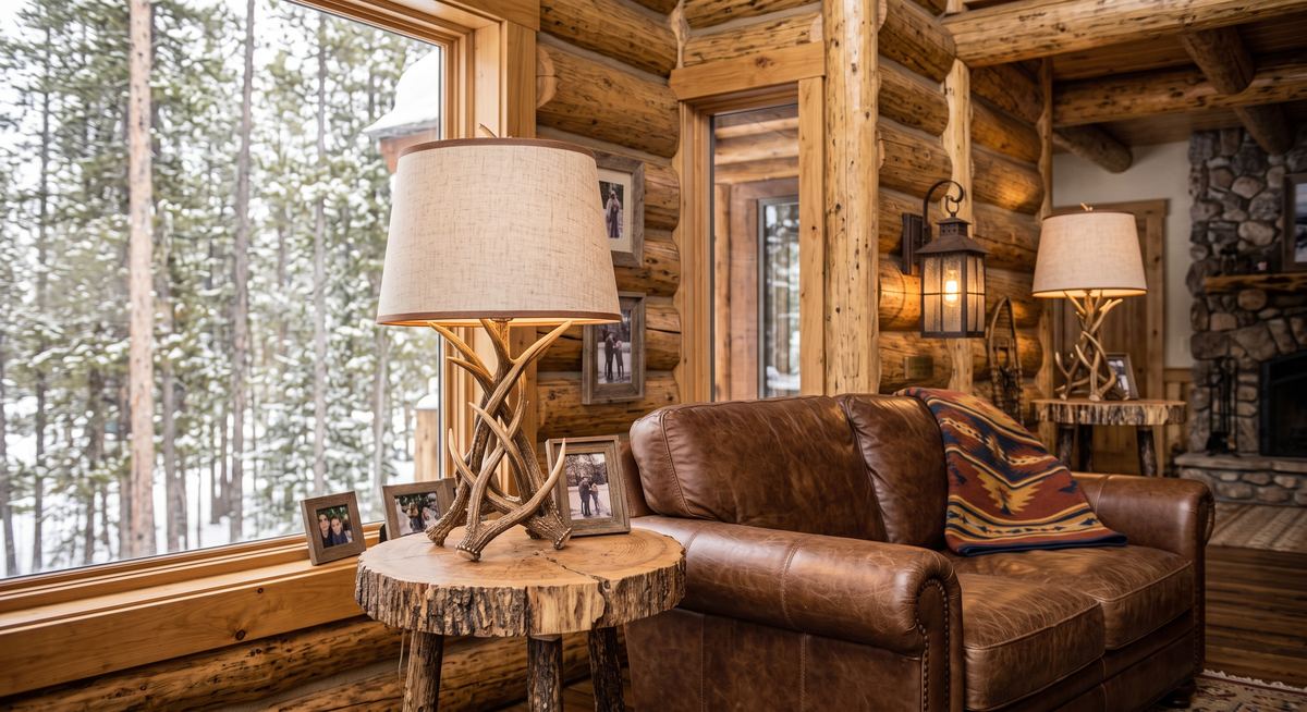 Antler table lamp on a live-edge log side table next to a leather couch