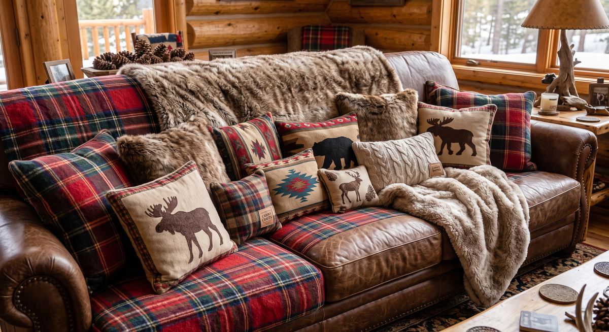 Leather couch covered in plaid and moose-print throw pillows and a faux fur blanket